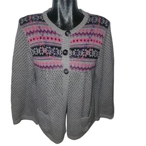 Vintage 90's Northern Reflections Gray and Pink Nordic Fair Isle Knit Cardigan L